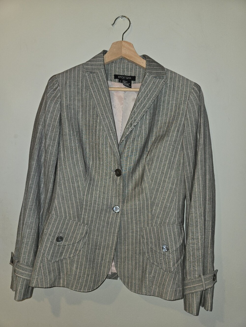 Etcetera Linen Wool Blazer 8 Gray Pink Pinstripe Feminine Tailored Coquette Prep
